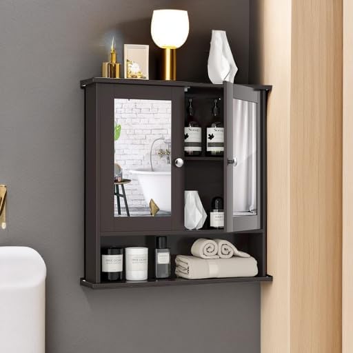 Miniatura 5 de Tangkula  Armario de baño para pared con puertas de doble espejo, de madera con estantes, gabinete de pared de baño