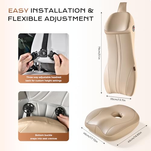 Image of Coverado Car Seat Cushion and Integrated Neck Pillow Lumbar Support Kit, Ergonomic Lumbar Support Pillow for Car, Soft Leather Memory Foam Car Seat Cushion for Sciatica & Back Pain Relief, Beige