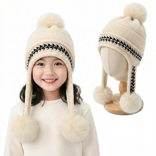 Image of Kraptick Children's Winter Cap: Velvet Thick Warm Woolen Knit Hat with Ear Protection for Children Stylish Korean Beanie with Long Pompom Ears & Fleece Lining Perfect for Winter -4