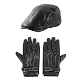  YOOCHUENG Set de Casquette en Cuir et Gants en Cuir pour Hommes,Gants et Moufles Homme,PU Casquette Plate Chauds d\'Hiver Béret Retro Gatsby Newsboy Beret