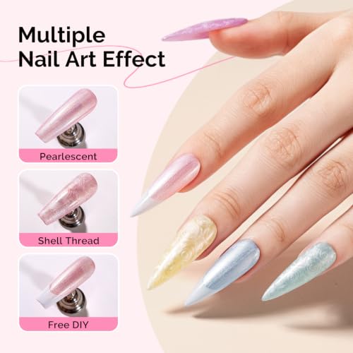 Image of MelodySusie Pearl Gel Nail Polish Set, 6 Colors Pastel Macaron White Green Pink Purple Blue Yellow Iridescent Drawing Glitter Gel Polish Soak Off Swirl Shell Thread Effect Nail Art Gifts for Women