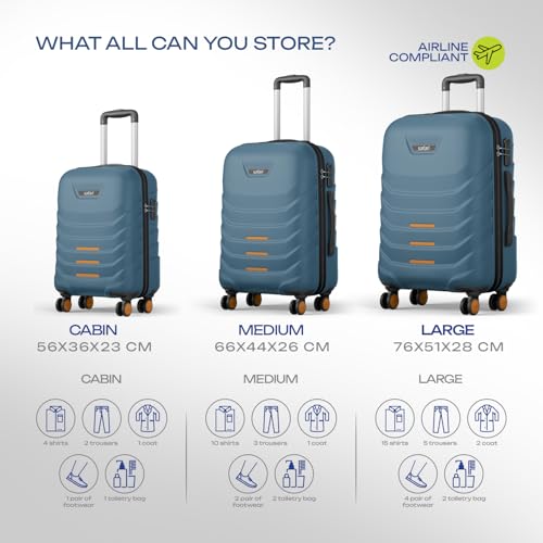 Image of Safari Crescent 8 Wheels Set of 3 (Cabin + Medium + Large) Trolley Bags Hard Case Polycarbonate 360 Degree Wheeling Luggage Suitcase, Ink Blue