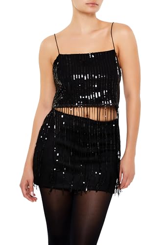 Forever 21 Camisola Corta con Flecos y Lentejuelas para Mujer, Negro, S