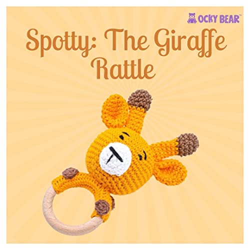 Image of Crochet Rattle Toy (0+ Years) | Shaker Toy | Explore Soothing Sounds & Textures | Smooth Organic Wooden Key | Soft Toy for Newborn, Infants and Toddlers (Spotty: Giraffe Wooden Rattle)