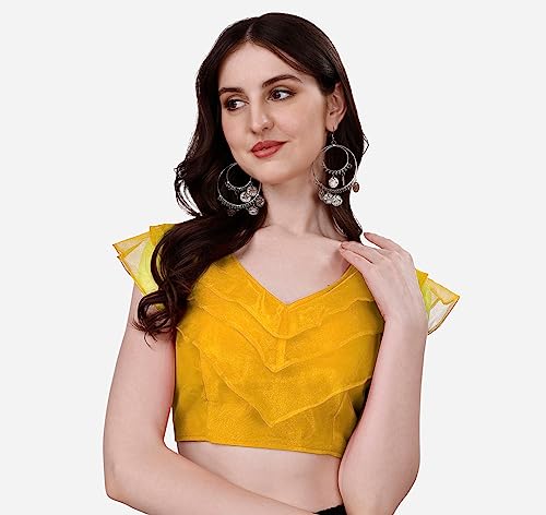 Image of Pujia Mills Women's V Neck Orgenza Three Layer Ruffle Sleeve Frill Readymade Saree Blouse