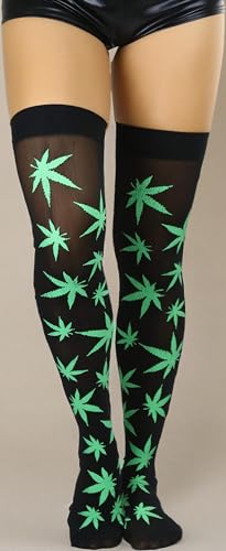 Image of ToBeInStyle Women's Thigh High Stockings Bodystocking Tights Medicinal Cannabis Marijuana Weed Leaf Print Festival Hosiery