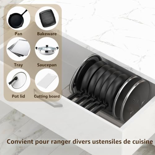 Anhow Porte Couvercle de Pot, Range Casserole Tiroir Cuisine avec 7 Compartiments Réglables pour Les Ustensiles de Cuisines Poêles, Casseroles, Couvercles - Beige – vue 7