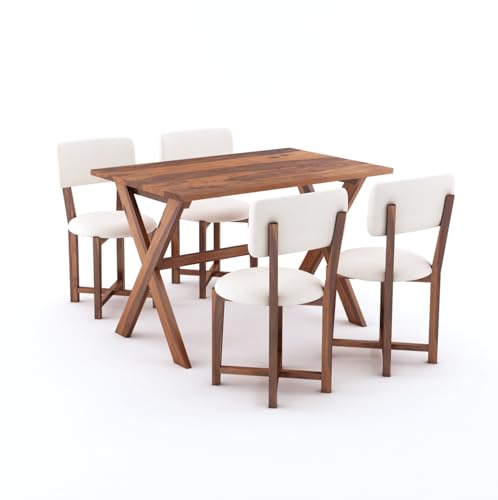 Image of MURALICRAFT Sheesham Wood 45 Inch Dining Table 4 Seater | Four Seater Dinning Table Set with 4 Upholstered Dining Chairs | Table: Criss Cross Design | Chair: Premium Round Edge | Rosewood, Honey