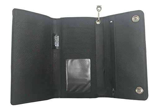 Men's Credit Card Tri-Fold Biker Style Chain Wallet, Black Genuine Leather BW3392