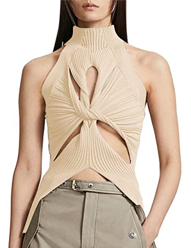 Image of SAFRISIOR Women Sexy Hollow Out Twist Front Knitted Tank Tops Sleeveless High Neck Cut Out Sweater Vest