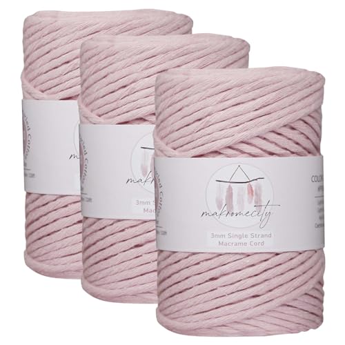Makromecity, 3 Skeins of Single Strand Macrame Cord 3 mm x 100 Yards (300 feet) 3mm Single Strand Natural Cotton Cord for Macrame Art & Crafts for Wall Hangings Recycled Cotton (Baby Pink, 3 Skeins)