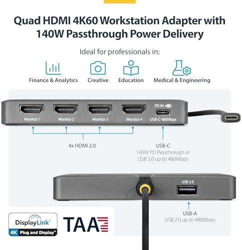 StarTech USB-C to Quad HDMI 4K60 Workstation Dock, 140W PD, DisplayLink