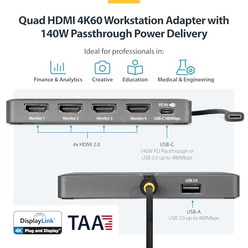 StarTech USB-C to Quad HDMI 4K60 Workstation Dock, 140W PD, DisplayLink