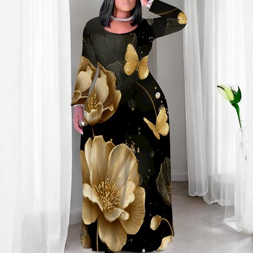 Image of PinkPatty Plus Size Maxi Dress for Curvy Women Crew Neck Long Sleeves Casual Dress Vacation Sundresses with Pockets
