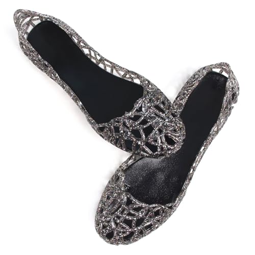 Image of Stunner Women Beach Jelly Shoes Slip On Crystal Summer Hollow Ballet Flats | Summer Cool PVC Breathable Outdoor Indoor Dressy Flat Sandals for Holiday Shopping Spa Swimming Pool