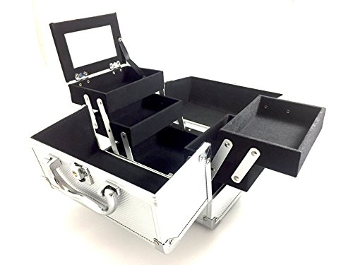BerucciTM Professional Silver 10" Lightweight Aluminum Makeup Artist Organizer Kit with 4 Extendable Trays, Aluminum Trimming, Lock and Keys, and Shoulder Strap
