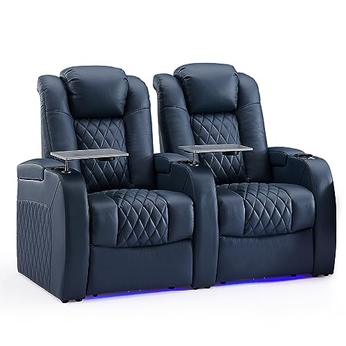 Weilianda Home Theater Seating Top Grain Leather Recliner Chair Dual Power Movie Gaming Sofa Electric Headrest with Tray Table Type-C USB Charge Cup Holders Blue