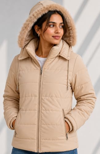 Image of SANE ORIGINALS Winter Jacket for Women with Detatchable Hoodie Cap || Lightweight Full Zipper Regular Fit Warm Jacket for Ladies