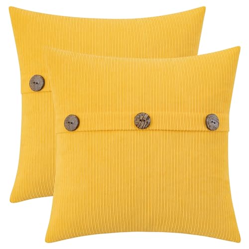 HWY 50 Fundas para Cojines con Triple Botón 40x40 cm 2 Piezas, Fundas de Cojín Decoración de Chenilla Suave Estilo Boho Moderno a Rayas para Sofá Cama Dormitorio o Salón, Color Amarillo