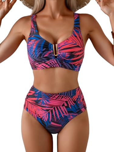 Image of Eomenie Bikini Sets for Women High Waisted Two Piece Bathing Suit U Wired V Neck Swimsuit Adjustable Straps Swimwear