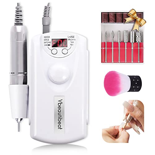Vbeautibeat Electric Nail Drill Rechargeable 30000 RPM Professional, Drills Machine for Acrylic Nails with 6 Bits and Sanding Bands, LED Screen, Portable, White