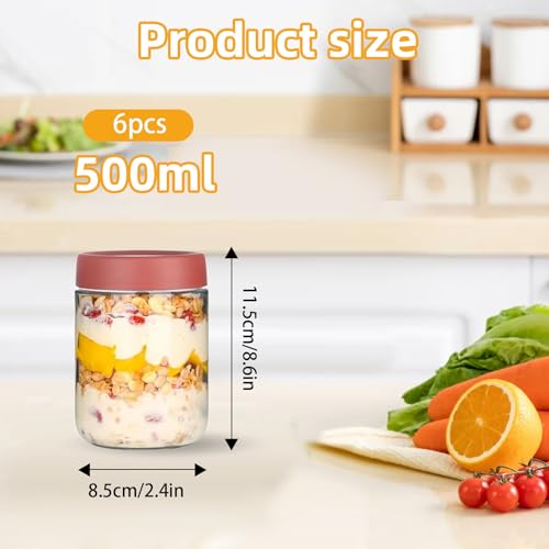 Dyuee Mason Clear Glass Jar With Screw Lid Leakproof Overnight Oats Container 6 Pack Reusable Food Jars 17.5 Oz Oatmeal Salad Jars For Cereals Milk Fruit Condiment Dressing Sauce Snacks Juice (500Ml) - 2