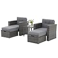 JOIVI 5 Piece Outdoor Patio Furniture Set, Wicker Patio Conversation Sets, Patio Rattan Chairs with Cushions, Ottoman and Coffee Table for Porch, Balcony, Garden (Gray Cushion)
