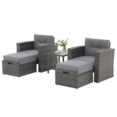JOIVI 5 Piece Outdoor Patio Furniture Set, Wicker Patio Conversation Sets, Patio Rattan Chairs with Cushions, Ottoman and Coffee Table for Porch, Balcony, Garden (Gray Cushion)