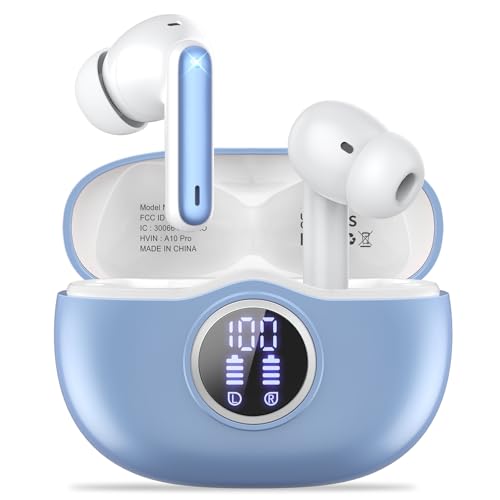 Fhumsh Wireless Earbuds, Bluetooth 5.3 Headphones HiFi Stereo 50H Playback LED Digital Display Ear Buds with ENC Noise Canceling Headset, IPX7 Waterproof Earphones for Gym/Running/Work (Light Purple)