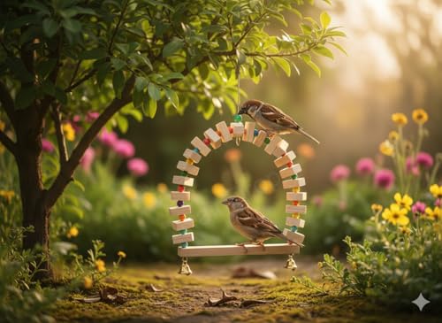 Image of Raindrops Wooden Swing with Colourful Beads for Bird Cages|Birds Stress Free Items|Cage Accessories|Wooden Ladder|Swing with Dotted Perch|Birds Chew Toy|Training aid Toy (Height 23.5cm-Pack of 2)