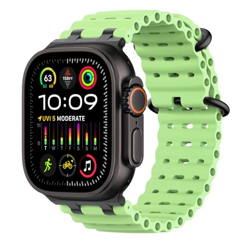 MoKo Ocean Band Kompatibel mit Apple Watch Ultra 3/2/1 49 mm S11/S10 46 mm 9/8/7 45 mm SE3/SE2/SE/6/5/4 44 mm 3/2/1 42 mm Atmungsaktives Silikon-Sportarmband mit Metallverbinder Schwarz/Neongrün