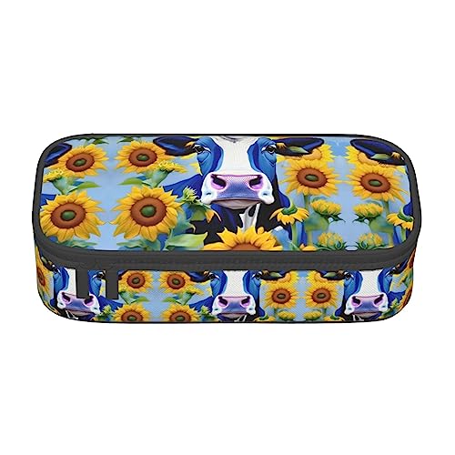 Astuccio con mucca con girasoli in astuccio per matite per cancelleria per scuola ufficio per adulti con in taglia unica organizer per stampato blu