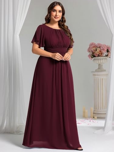 Image of Ever-Pretty Plus Elegant Formal Dresses for Curvy Women Round Neck Short Sleeves Chiffon Bridesmaid Mother of The Bride Dress