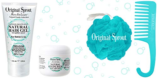 Original Sprout Natural Hair Gel 4oz & Natural Styling Balm 2oz Set For Babies & Up 100% Vegan Includes FREE Shower Pouf & Comb