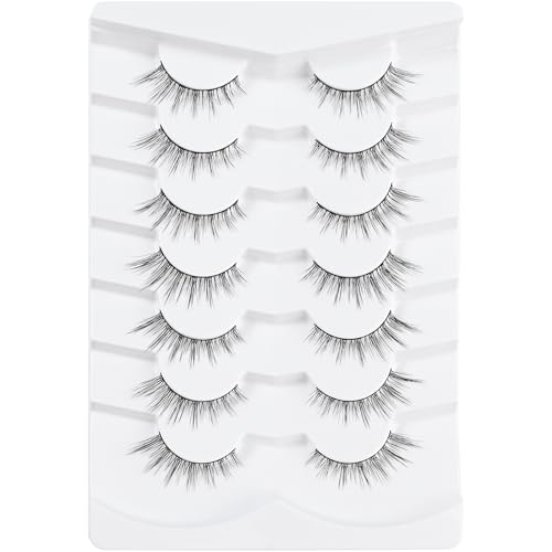 FENG BEAUTY Cat Eye False Eyelashes Wispy Fluffy Strip Lashes, Lightweight Reusable Faux Mink Lashes for Daily & Glam Makeup, 7 Pairs, 7mm-13mm, 27mm Band