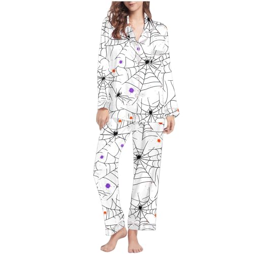 Halloween Pajama Sets for Women Printed Lapel Long Sleeve Button Shirts Pants Pajamas Fashion Home Sleepwear Suits
