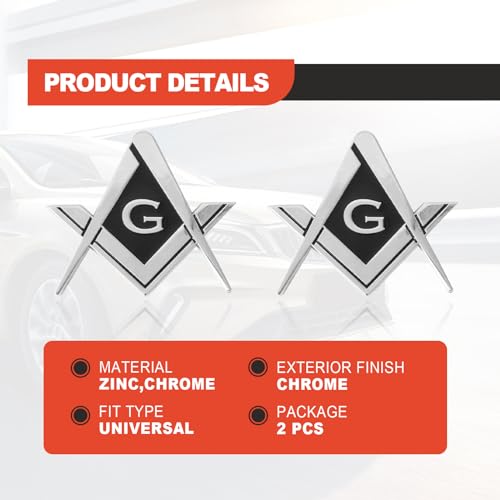 Image of 2 pcs Freemason Square and Compass Metal Decal Auto Emblem, 2.75 inch Chrome Plated Premium Auto Truck Motorcycle Decal Gift Decoration Accessories