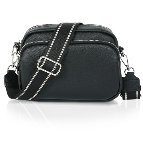 MAMUNU Bolsa transversal para mulheres, bolsa transversal com zíper de vários bolsos, alça larga sobre o ombro para mulheres e viagens, Preto
