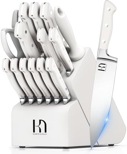 KnifeSaga Kitchen Knife Block Set, 15-Piece Enduring Ultra Sharp Knife Set, Japanese High Carbon Stainless Steel, Premium Forged Knives for Kitchen and Professional Chefs, White