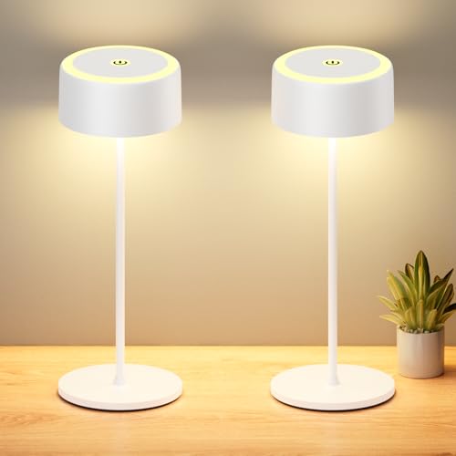 TYEE Rechargeable Cordless Table Lamp, Portable Dimmable LED Desk Light 3000-6000K, 5500mAh Touch Lamp for Indoor/Outdoor with USB-C, Aluminum Table Lamp IP54 Waterproof (White 2 Pcs)