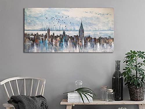 Arjun Cityscape Wall Art New York City Skyline Buildings Picture Modern Abstract Grey Skyline Birds Painting Framed Artwork For Bedroom Living Room Bathroom Home Office Decor, Large Size 40"X20" #TOP3