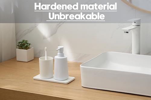 Image of Small Soap Dispenser for Bathroom and Kitchen, Modern Farmhouse Striped Style Plastic Hand Soap Dish Soap Dispenser with Pump Matte White