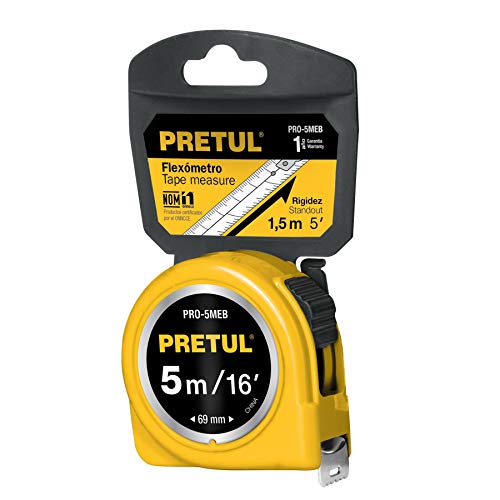 Flexómetro amarillo 5mm, cinta de 19mm, pretul, tarjeta de plástico