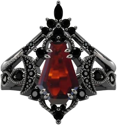 “Vintage Red Garnet Coffin Shaped Engagement Ring Set – 925 Sterling Silver Art Deco Wedding & Statement Rings for Women”