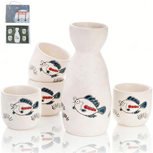 Cididu 5 Pieces Ceramic Japanese Sake Set, Cute Fish Saki Cup Set, Soju Tea Set with 1 Tokkuri Bottle and 4 Porcelain Sake Ochoko Cups for Home, Gift, Microwave and Dishwasher Safe