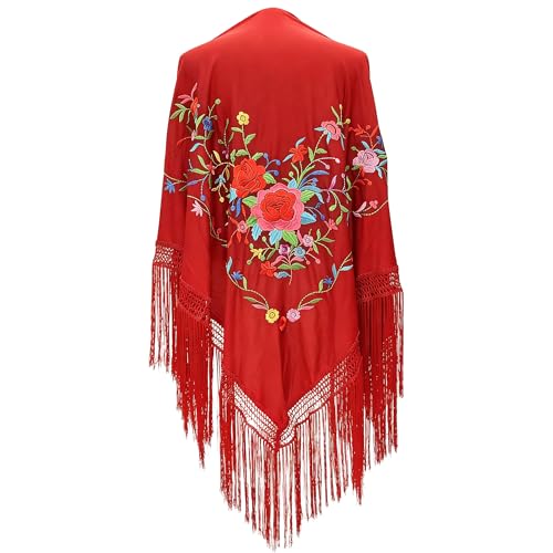 Wildarms Mantón de Sevillana Bordado con Flecos para Flamenco Feria Disfraz Baile Tradicional Mujer (ROJO CON FLORES, XL)
