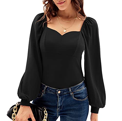 Women's Elegant Vintage Puff Long Sleeve Blouse Elastic Square Collar Tops Shirt Black L #TOP26