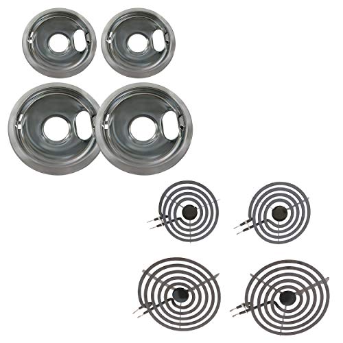 KITCHEN BASICS 101 W10278125 W10196405 W10196406 Chrome Drip Pans and MP21YA MP15YA Burner Surface Elements Replacement for Whirlpool