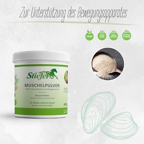 Stiefel Muschelpulver für Pferde, 100% naturbelassen, reines Naturprodukt aus neuseeländischer Grünlippmuschel, kann den Bewegungsapparat, das Bindegewebe & die Gelenkfunktion unterstützen, 400g