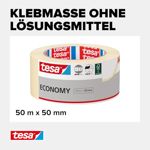 tesa Malerband ECONOMY - Vielseitiges Klebeband für Malerarbeiten ohne Lösungsmittel - Bis zu 4 Tage nach Gebrauch rückstandslos entfernbar, 50 m x 50 mm